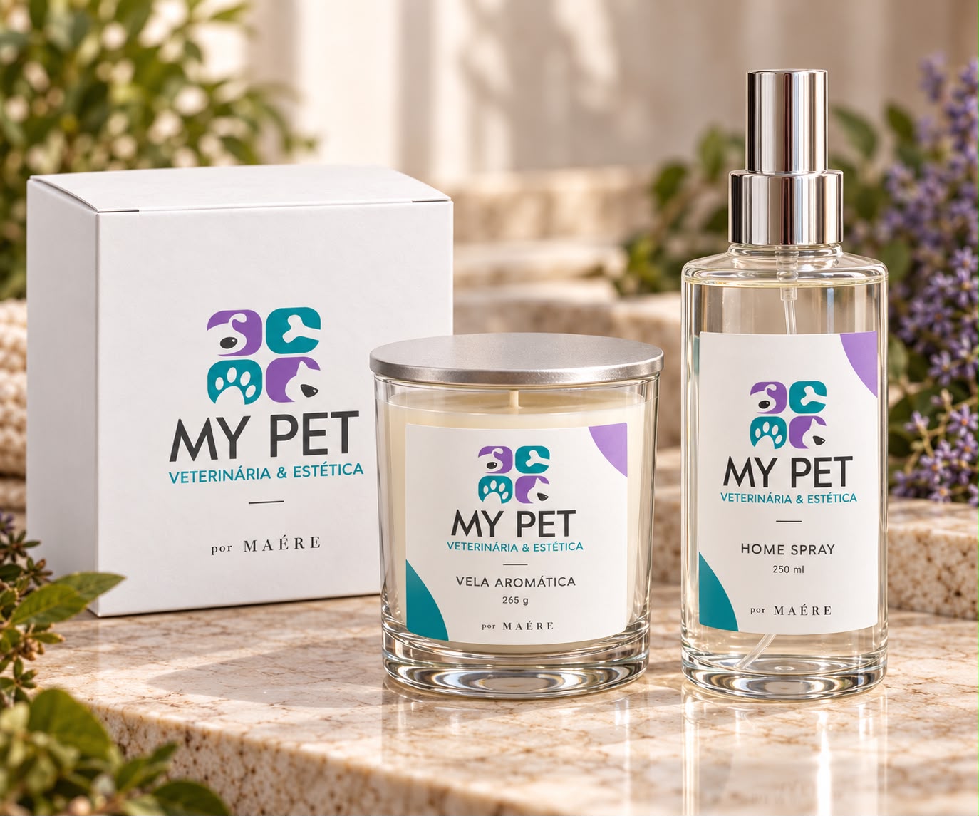 Kit com vela aromática de 265 g e home spray de 250 ml personalizados para a My Pet Veterinária & Estética.