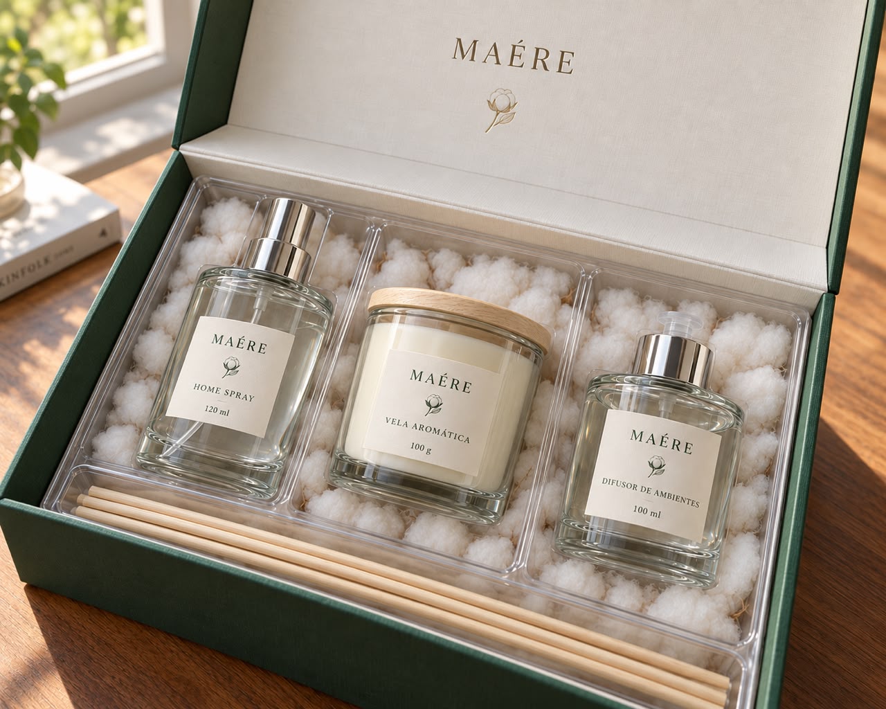 Kit com home spray, vela aromática e difusor de ambientes apresentados em caixa verde com o emblema da MAÉRE.