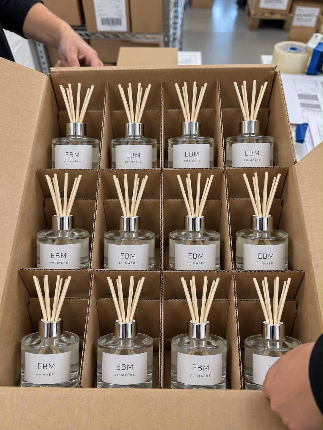 Difusores de ambientes personalizados EBM acondicionados em caixas para envio.