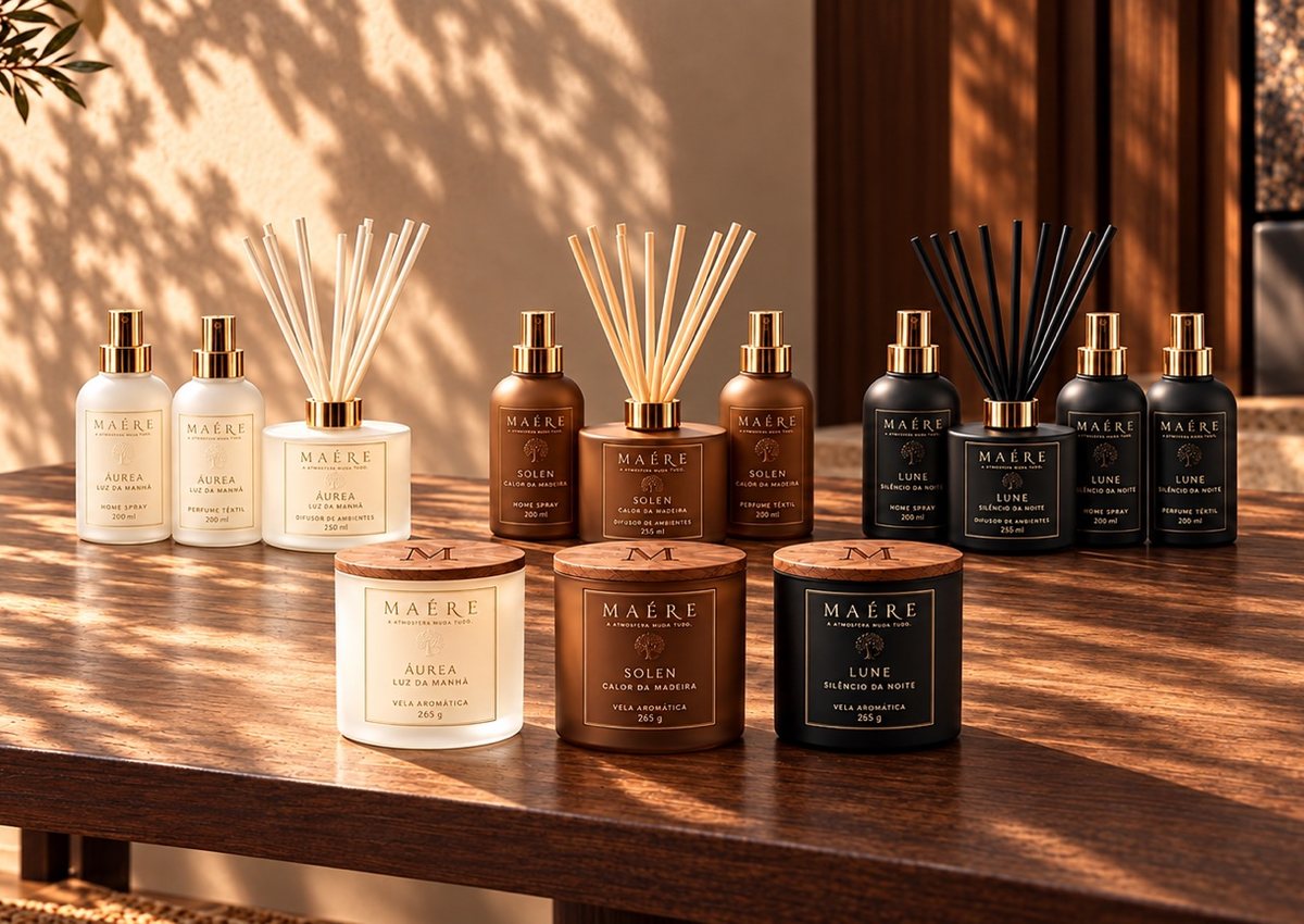 Coleção MAÉRE: velas, difusores, home sprays e perfumes têxteis ÁUREA, SOLEN e LUNE