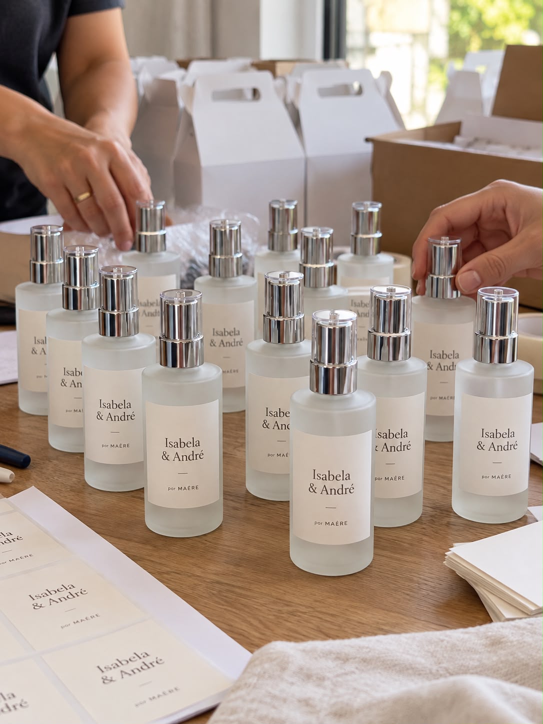 Home sprays personalizados Isabela & André sendo preparados como lembranças de celebração.