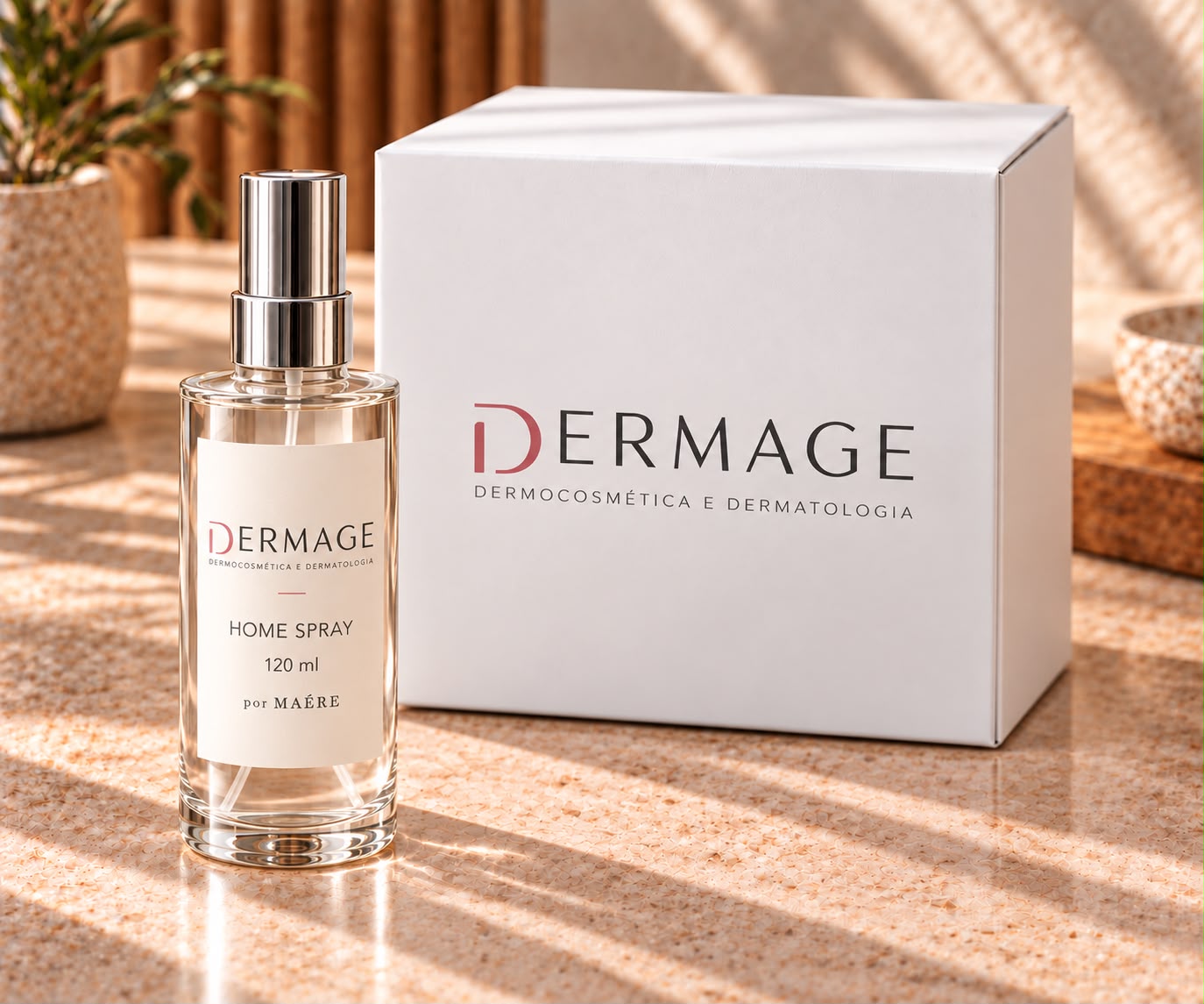 Home spray de 120 ml personalizado com a identidade da Dermage, ao lado de sua embalagem.